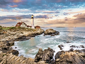 Rocky Coast Prints: Portland Head Lighthouse, Cape Elizabeth, Sunset Portland Maine, New England, USA