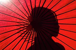 Clothing Prints: Portrait of asian woman holding a paper red umbrella, Japan