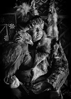 Mongolian Prints: Portrait of a champion Kazakh Eagle Hunter wearing traditional fur clothing
