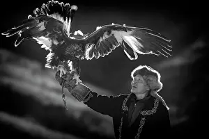 B And W Prints: Portrait of a Kazakh Eagle Hunter with his golden eagle, Western Mongolia, Asia