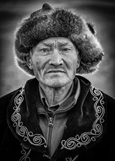 B And W Prints: Portrait of a Kazakh Eagle Hunter, Western Mongolia, Asia