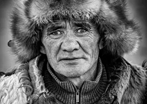 B And W Prints: Portrait of a Kazakh Eagle Hunter, Western Mongolia, Asia