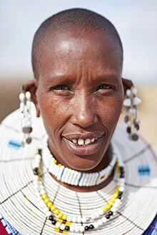 Ethnic Gallery: Portrait of a Msai woman wearing traditional beaded jewelry in a village near Arusha