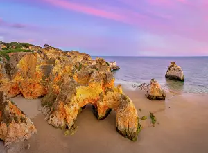 Sea Stacks Prints: Portugal, Algarve, Alvor, Prainha overview at dusk