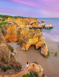 Sea Stacks Prints: Portugal, Algarve, Alvor, Prainha overview at dusk (MR)