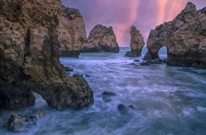 Portugal, Algarve, Lagos, sea cliffs at sunrise
