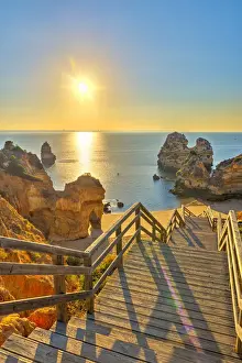 Elevated Viewpoint Prints: Portugal, Algarve, Lagos, sunrise over Camilo Beach (Praia do Camilo)