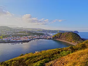 Portugal, Azores, Faial, Horta, View of the city, Porto Pim and Monte Queimado