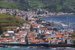 Portugal, Azores, Faial Island, Horta of town and Porto Pim from Monte de Guia