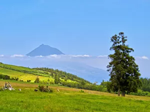 Portugal, Azores, Faial, Landscape of central part of Faial Island with Mount Pico