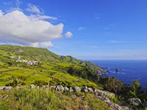 Flores Prints: Portugal, Azores, Flores, Landscape with Mosteiro Village and Rocha dos Bordoes