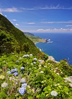 Portugal, Azores, Flores, View towards Faja Grande