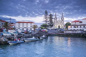 Images Dated 31st October 2017: Portugal, Azores, Pico Island, Madalena, harbor view with the Igreja de Santa Madalena