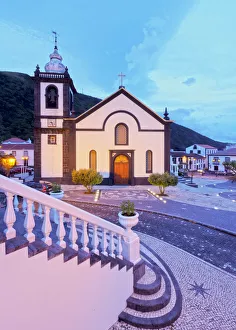 Portugal, Azores, Sao Jorge, Velas, Main Church of Santa Catarina at dusk