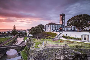 Portugal, Azores, Sao Miguel Island, Ribeira Grande, town hall, sunset