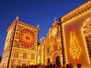 Portugal, Azores, Sao Miguel, Ponta Delgada, Santo Cristo Church illuminated during