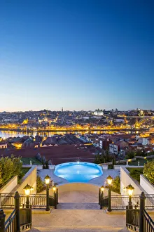 Ribeira Prints: Portugal, Douro Litoral, Porto. Dusk view towards the old town of Porto and the Ribeira