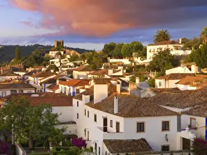Walled City Prints: Portugal, Estramadura, Obidos, overview of 12th century town at dusk