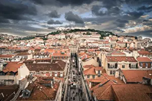 Iberian Prints: Portugal, Lisbon, rooftop view of Baixa District with Sao Jorge Castle and Alfama