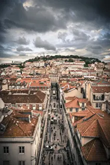 Elevated Viewpoint Prints: Portugal, Lisbon, rooftop view of Baixa District with Sao Jorge Castle and Alfama