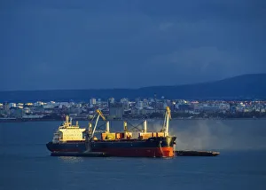 Industrial Prints: Portugal, Lisbon, Ship on the Tagus River at sunset