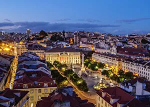 Portugal, Lisbon, Twilight view of the Pedro IV Square