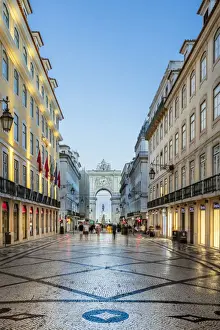 Retail Prints: Portugal, Lisbon. View along Rua Augusta towards the Arco da Rua Augusta triumphal arch