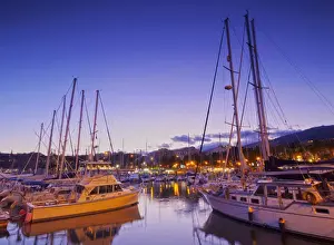 Madeiran Islands Prints: Portugal, Madeira, Funchal, Harbour Marina do Funchal at dusk