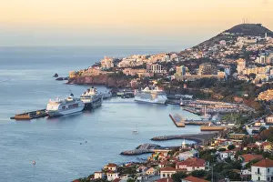 Portugal, Madeira, Funchal, View of Funchal harbour and town