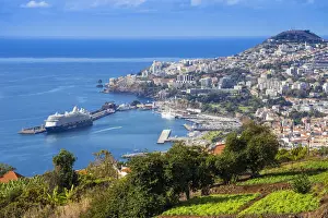 Portugal, Madeira, Funchal, View of Funchal harbour and town
