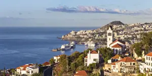Portugal, Madeira, Funchal, View of Sao Goncalo Church overlooking Funchal harbour