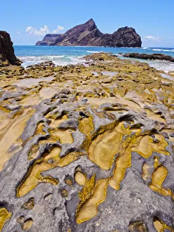 Portugal, Madeira Islands, Porto Santo, Ponta da Calheta, view of the rocky beach