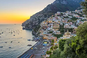 Positano, Salerno Province, Campania, Italy. View of Positano at dusk