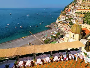 Amalfi Prints: Positano, view to Beach and the Church Santa Maria Assunta Amalfi Coast, Campania, Italy