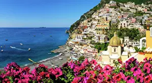 Amalfi Prints: Positano, view to Beach and the Church Santa Maria Assunta Amalfi Coast, Campania, Italy