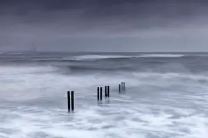 Whitley Bay Prints: Posts of an old pier in stormy seas, Whitley Bay, Tyne and Wear, England
