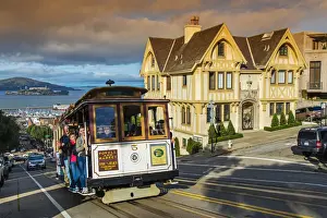 Californian Prints: Powell and Market line Cable Car with Alcatraz Island in the background, San Francisco