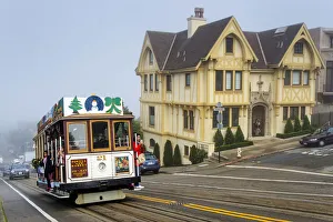 Powell and Market line Cable Car in a foggy day, San Francisco, California, USA