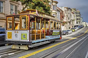 Public Transport Prints: Powell and Market line cable car in a street of Russian Hill district