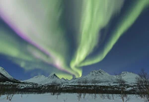 Images Dated 22nd March 2019: A powerful Aurora borealis, over the mountains in Arctic Norway tundra in winter
