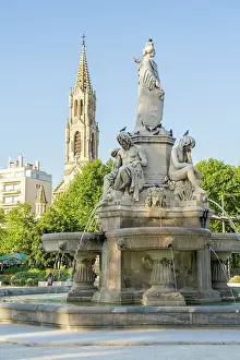 Landmarks Prints: Pradier Fountain and the Church of Sainte Perprtue in the background, Nimes, Gard, France
