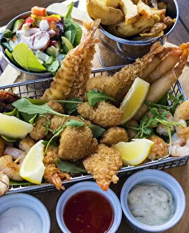 Images Dated 11th October 2018: Prawns platter in the local seafood restaurant, Hasting, Sussex, England