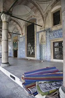 Prayer Mats at the entrance of the Rustem Pasha Mosque, Istanbul, Turkey