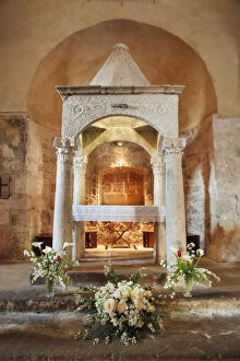 Pre-Roman ciborium inside church of Santa Maria Maggiore, Sovana, Grosseto, Tuscany