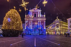 Christmas Lights Prints: Preseren Square and Franciscan Church of the Annunciation adorned with Christmas lights