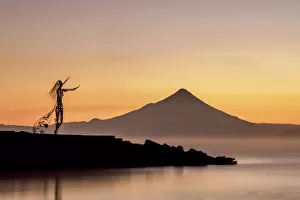 Daybreak Gallery: Princess Licarayen Sculpture and Osorno Volcano at dawn, Puerto Varas, Llanquihue