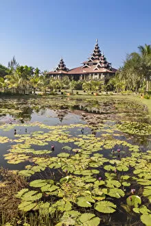 Images Dated 30th March 2017: Princess Resort & lake with water lillies, Mrauk U, Burma, Myanmar