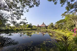 Images Dated 30th March 2017: Princess Resort & lake with water lillies, Mrauk U, Burma, Myanmar