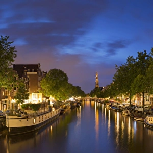 Amsterdam Prints: Prinsengracht canal and Westerkerk at dusk, Amsterdam, Netherlands