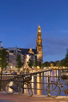 Canal Prints: Prinsengracht canal and Westerkerk at dusk, Amsterdam, Netherlands